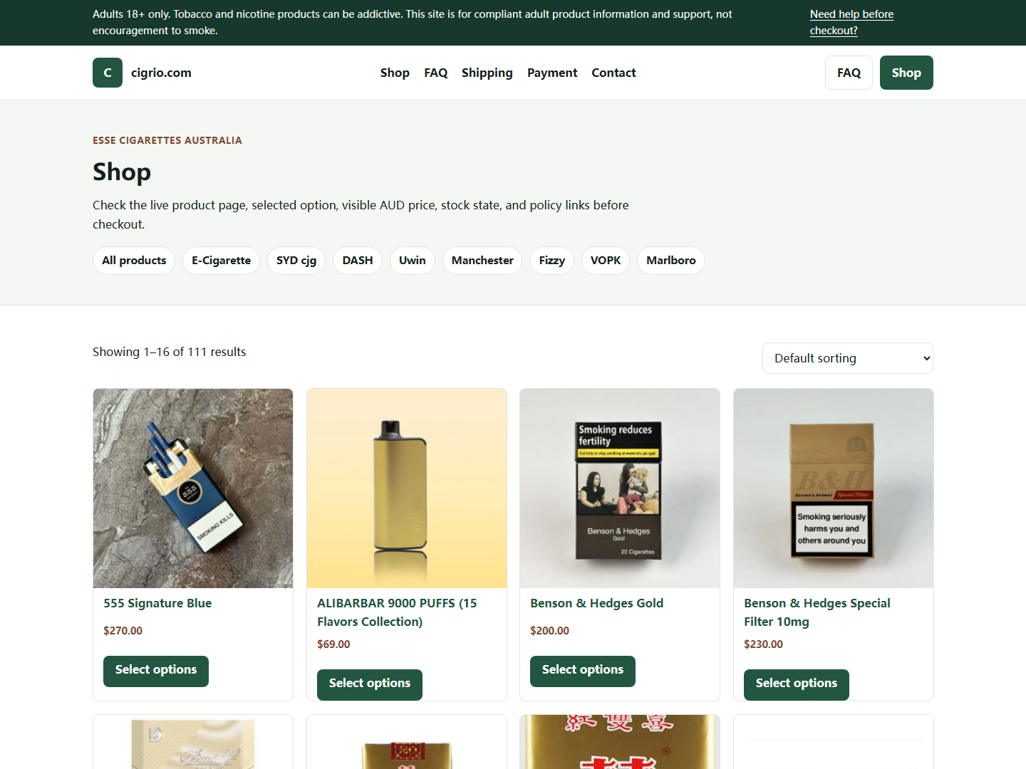 Cigrio shop or product list used for live page verification