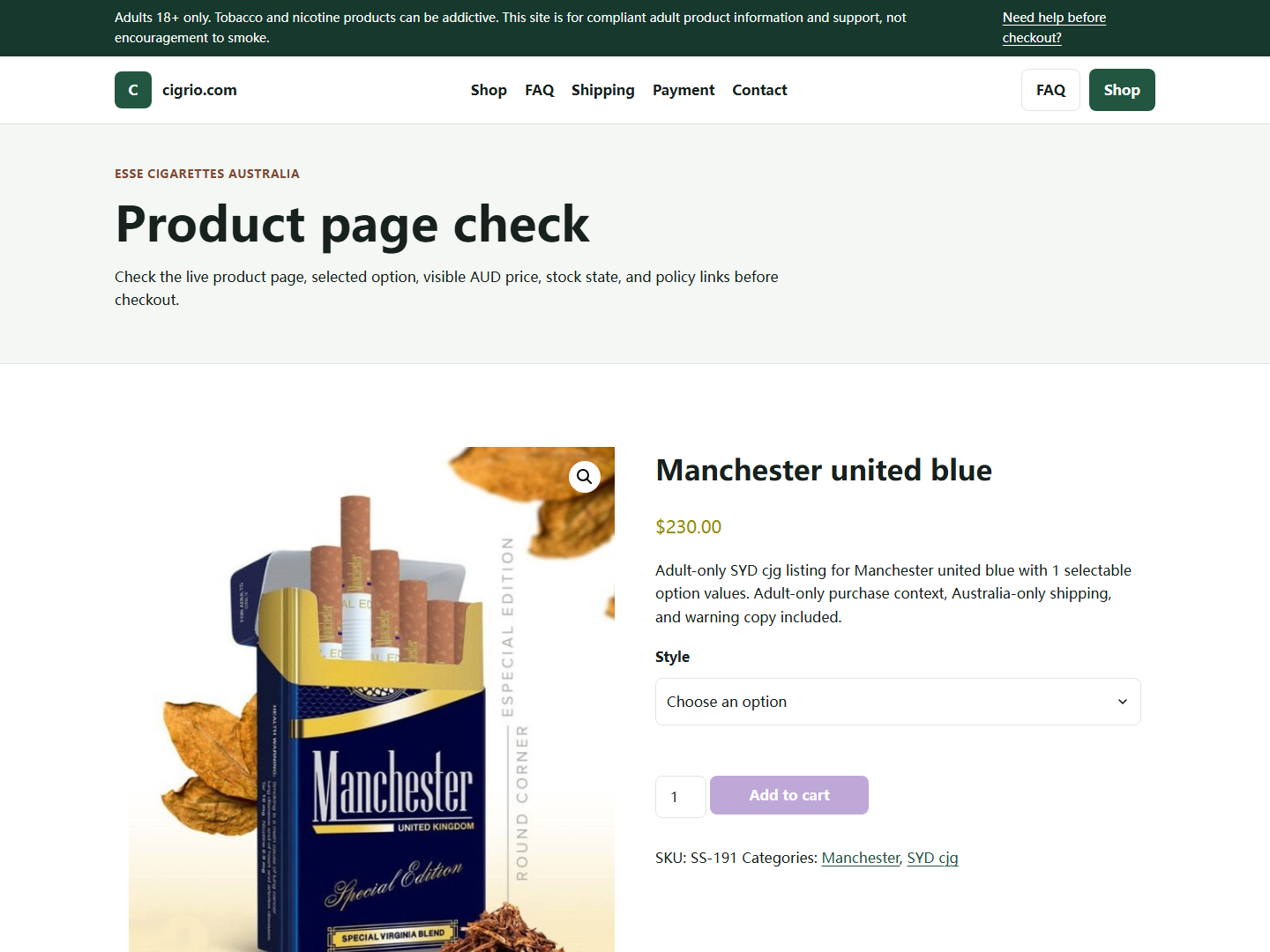 Cigrio live product page screenshot for adult verification