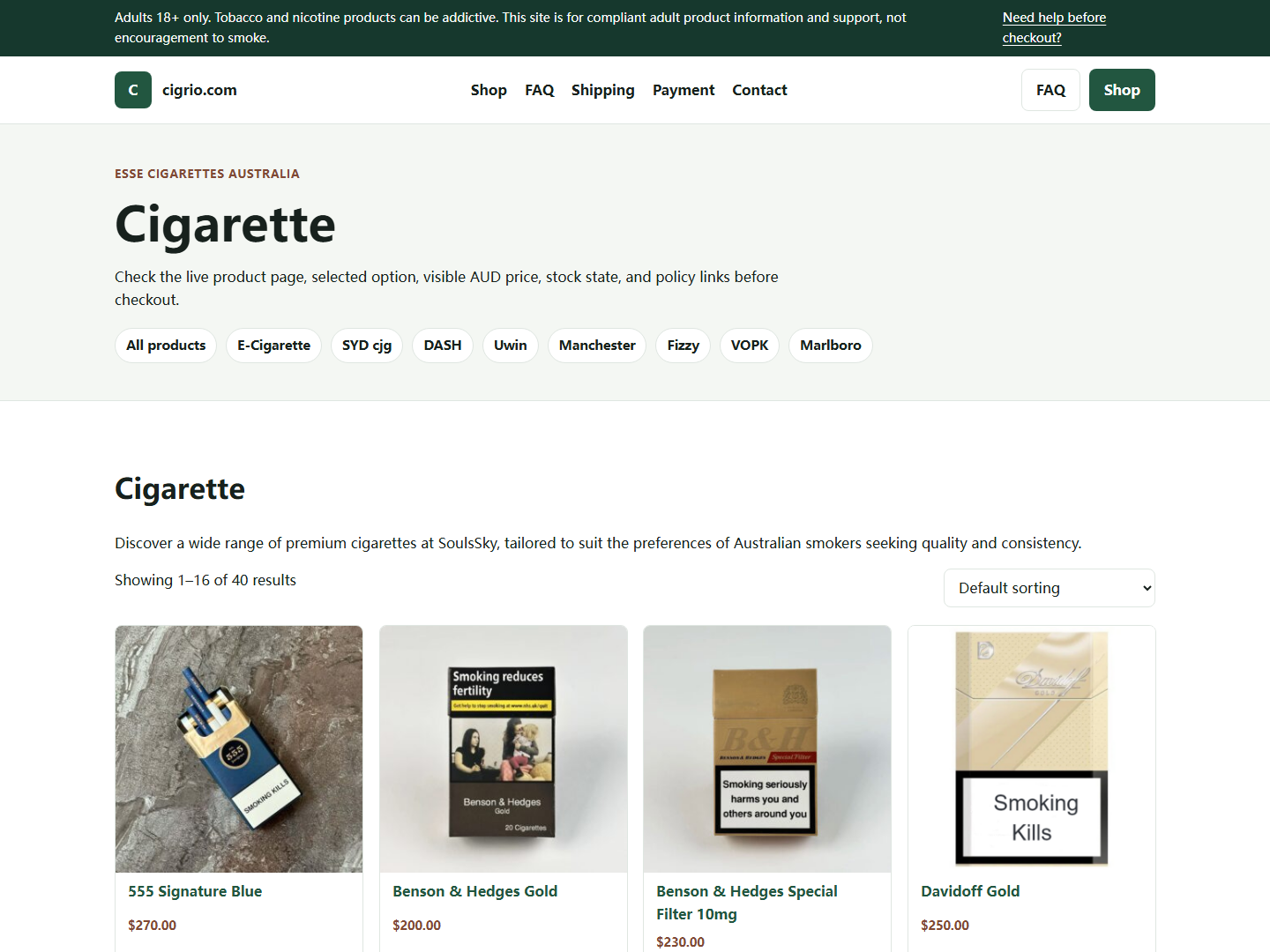 Cigrio policy or FAQ page used before adult checkout